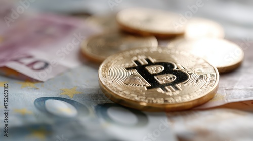 Physical Bitcoin surrounded by Euro banknotes, symbolizing cryptocurrency trading and economy concept