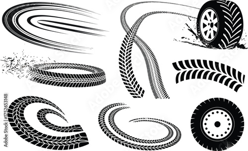 Dynamic tire tracks and wheel impressions collection showing movement and traction patterns