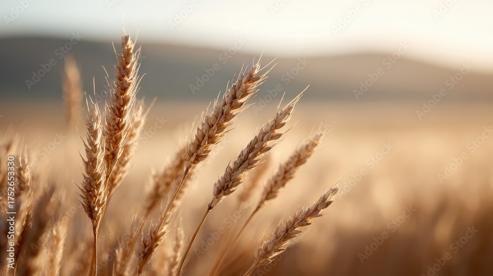 Fototapeta premium Golden wheat stalks in focus with sun setting over distant hills, soft warm light, peaceful countryside scene