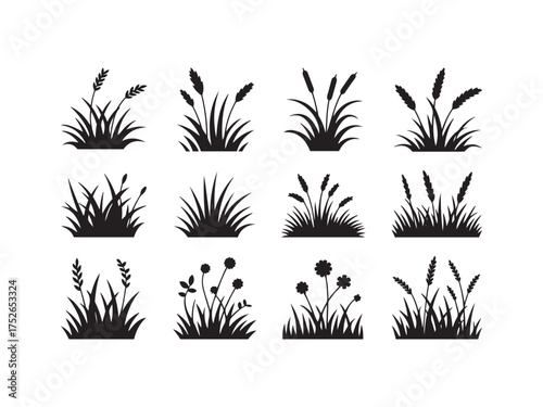Wild Grass Silhouette Clipart: Vector Field, Meadow, Garden Tufts Elements