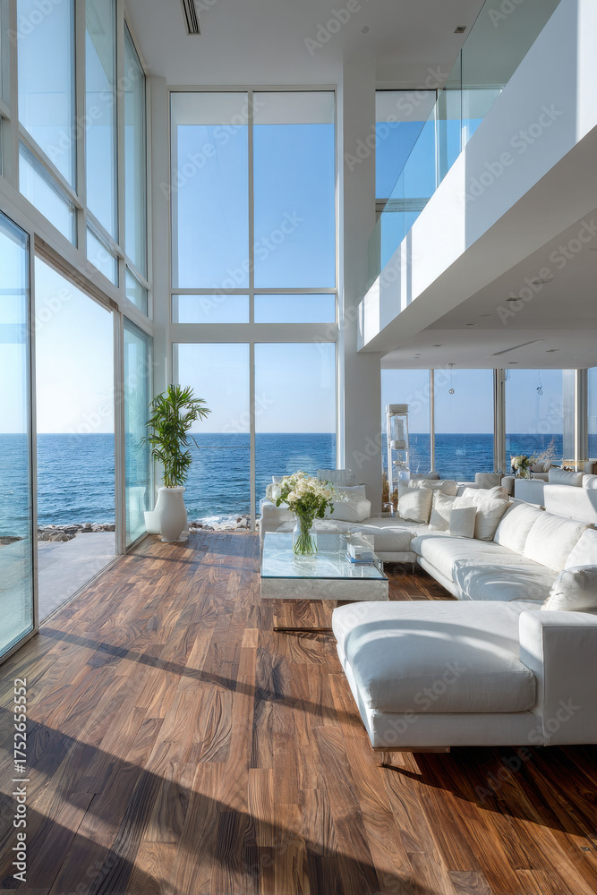 Fototapeta premium Luxury open-space interior with ocean view and modern design