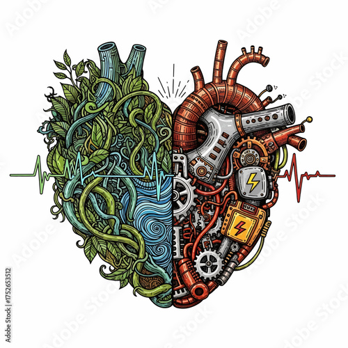 Half Organic Half Mechanical Heart Vector, Nature and Technology Fusion Illustration