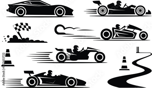 Collection of silhouetted racing cars and track elements speeding motion graphics