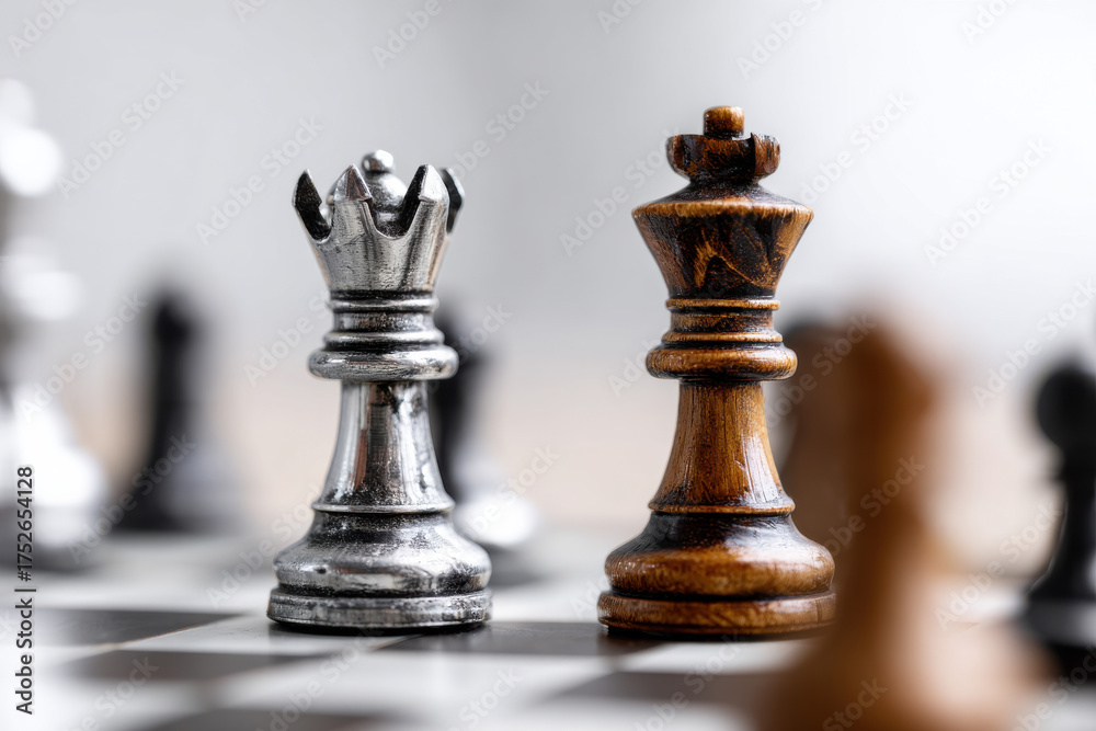 Fototapeta premium Chess pieces in battle, concept of strategy and competition