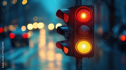 Urban Red-Yellow Traffic Lights in Rainy Night: Blurred Car Light Trails and Wet Road Reflections for Traffic Theme Design and Night Atmosphere Materials