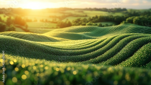 Golden Morning Light Over Green Field Natural Landscape: Rolling Furrows and Distant Hills for Agricultural Promotion and Nature Theme Design