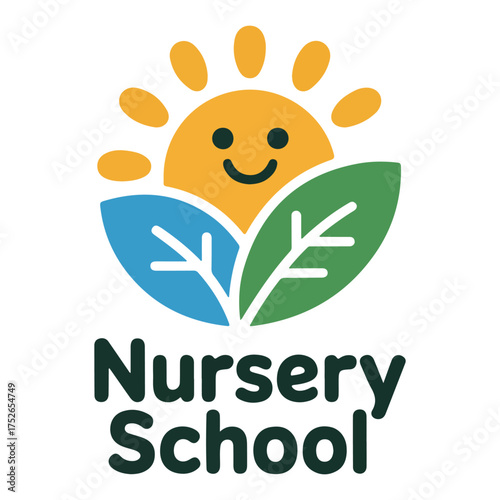 A bright and cheerful nursery school logo featuring the sun and leaves