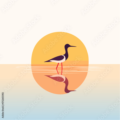 Minimal flat design of a wading bird in water at golden hour, reflection on calm surface, warm pastel tones, vector illustration