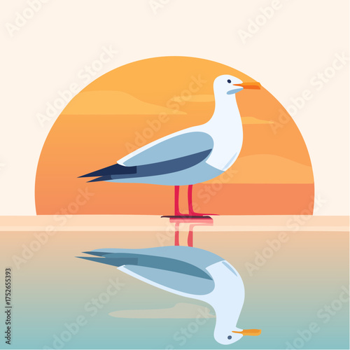 Stylized flat vector of a seagull standing at the edge of a tide pool, visible reflection, warm creamy pastel colors, minimal layout