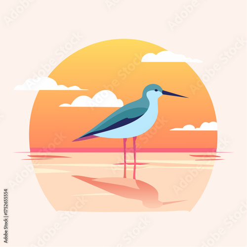 Flat vector of a sandpiper bird standing on wet sand, subtle reflection, warm sunset tones, minimalism and soft pastels