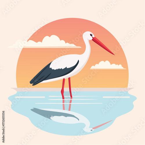 Vector illustration of a stork in water with its reflection, warm pastel background, minimal lines, modern flat design