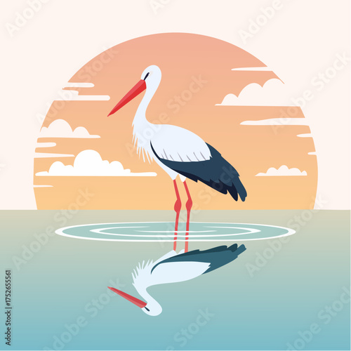 Vector illustration of a stork in water with its reflection, warm pastel background, minimal lines, modern flat design
