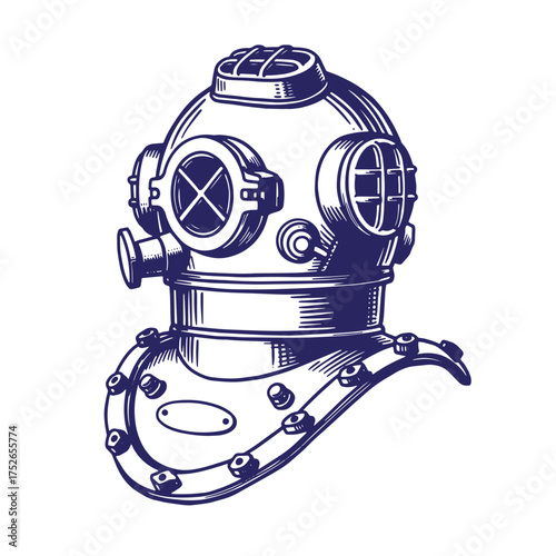 Intricately detailed vintage diving helmet vector illustration with engraving style