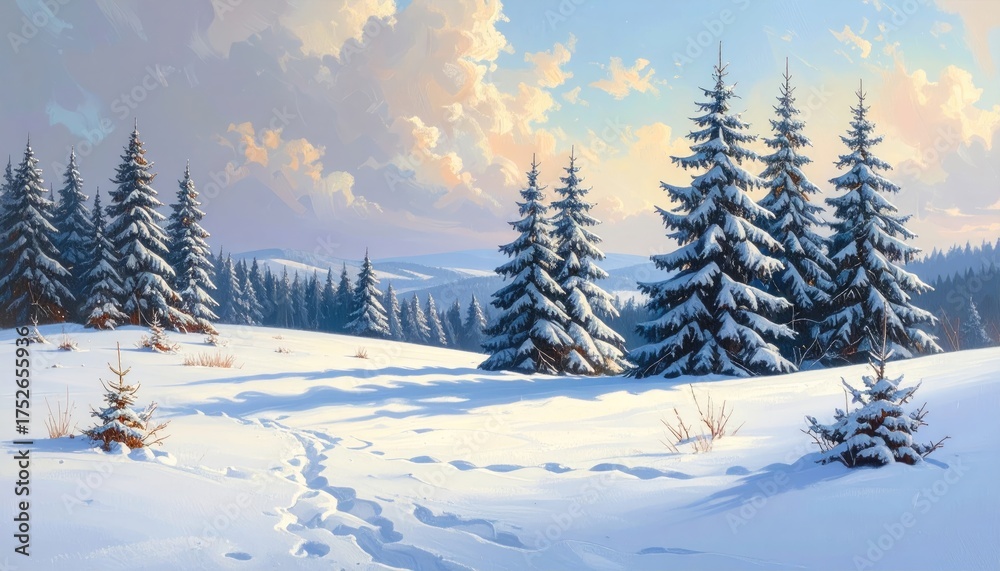 Naklejka premium Winter Landscape with Snow Covered Spruce Trees Under Cloudy Sky Sunlight and Snow Field in the Foreground