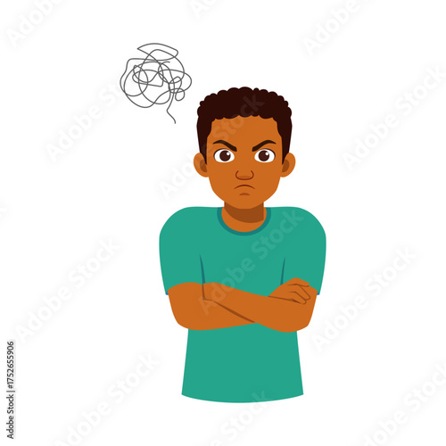 Angry African American boy with crossed arms expressing frustration and anger illustration