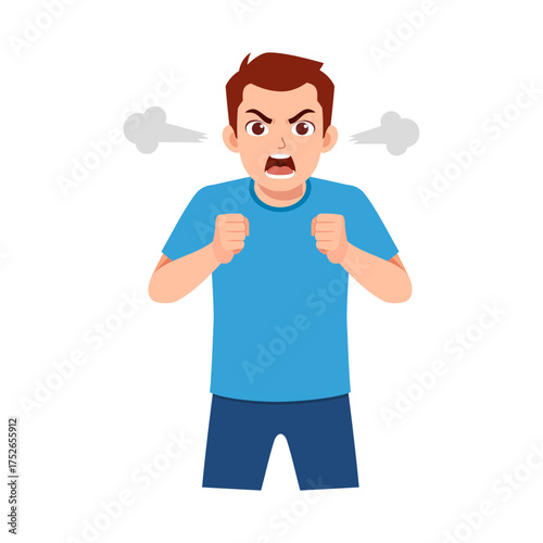 Angry Caucasian Man Yelling with Fists Clenched Expressing Frustration and Aggression