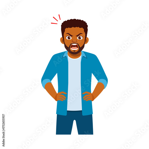 An African American Man is Angrily Yelling with Hands on Hips in an Animated Style