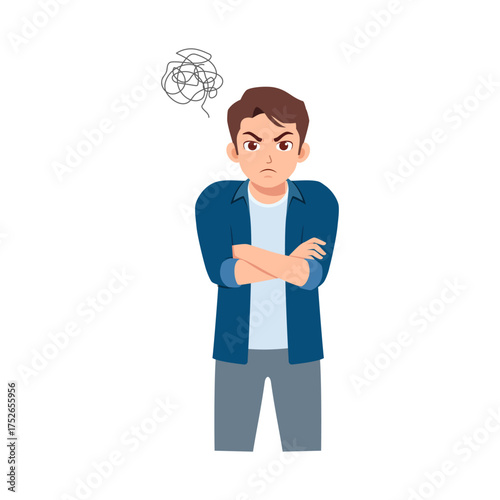 Annoyed man with arms crossed and confused scribble illustration vector art design