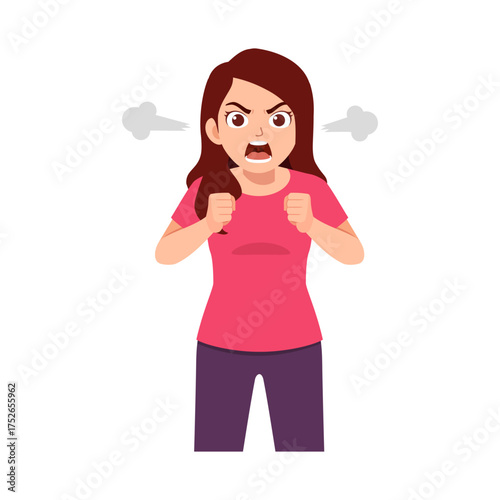 Angry Young Woman Shouting with Fists Clenched and Steam Coming from Ears in Cartoon Style