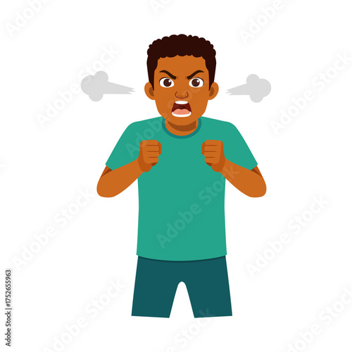 Angry African American Man with Fists Clenched Shouting with Frustration and Steam Coming Out