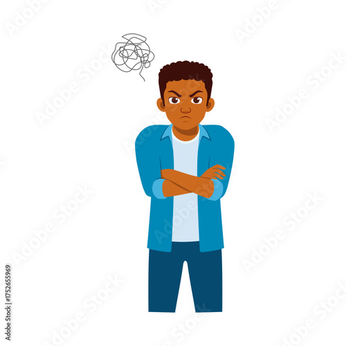 Frustrated African American Man with Arms Crossed and Scribbles Above Head Upset