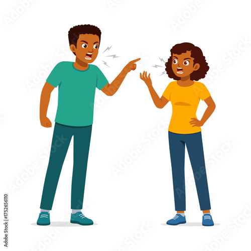 African American Man and Woman Arguing with Angry Expressions and Pointing Fingers