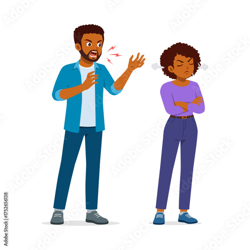 African American Man Yelling at Woman with Arms Crossed and Angry Expression