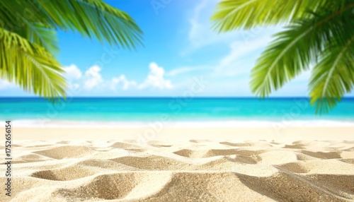 Fototapeta Naklejka Na Ścianę i Meble -  Tropical Beach Scene Featuring White Sand Turquoise Water Blue Sky And Lush Green Palm Fronds Offering An Idyllic Coastal Paradise In Bright Sunny Day