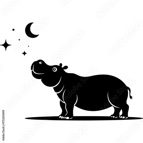 Baby hippopotamus curiously looks at the stars and crescent moons in the sky. Engraving minimalistic vector in black ink drawing on transparent background