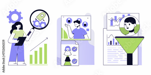 Business growth analysis and customer acquisition process illustrated with flat design icons and charts