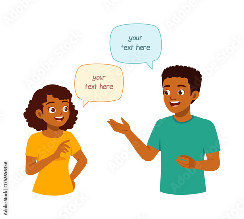 African American man and woman talking with speech bubbles illustration