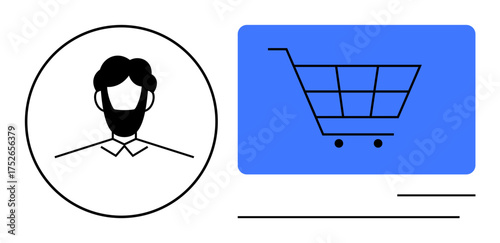 Male avatar in circle beside a shopping cart icon on a bright blue background. Ideal for e-commerce, customer accounts, retail marketing, online transactions, user experience, app design, digital