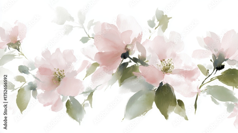 Obraz premium A beautiful compilation of soft pink watercolor blossoms, paired with rich green foliage and other refined botanical illustrations, evoking a sense of natural elegance.