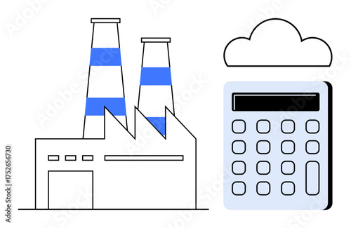 Factory building with striped chimneys and calculator under cloud. Ideal for industry, economy, technology, cloud computing, sustainability, manufacturing, finance. Simple flat metaphor