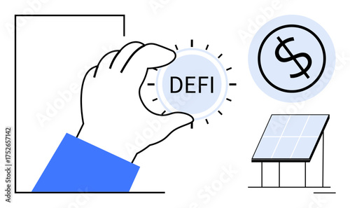 Hand holding DeFi coin, dollar sign bubble, and solar panel. Ideal for finance, DeFi, investment, sustainability, renewable energy technology and innovation. Simple flat metaphor
