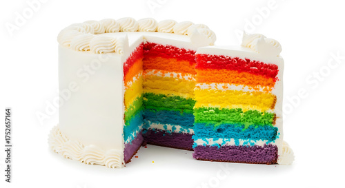 A vibrant rainbow layered cake with a slice removed decorated with white frosting isolated on a white background