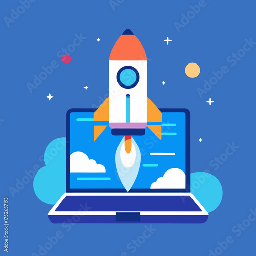 A rocket launching from a laptop in blue sky