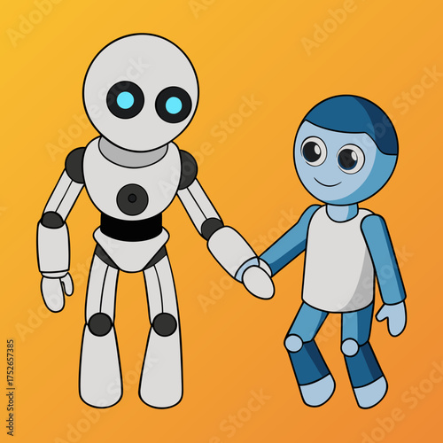Cartoon robot offering a hand to a human for friendship