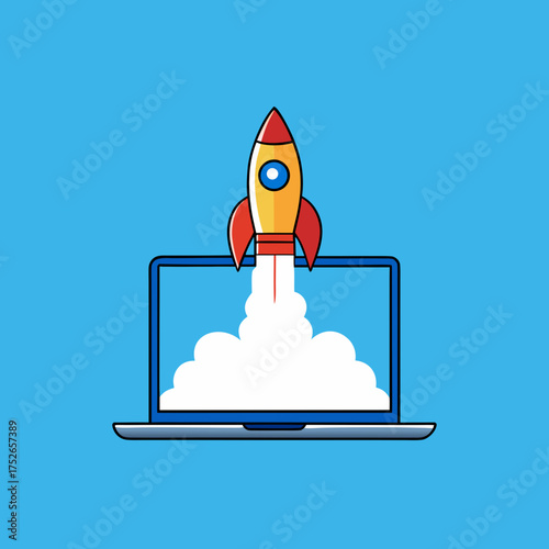 Cartoon rocket launching from a laptop screen