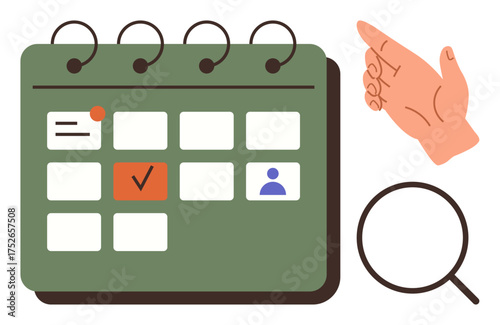 Hand pointing to calendar with tasks marked, magnifying glass symbolizing focus and organization. Ideal for planning, scheduling, productivity, reminders, management, prioritization time. Simple