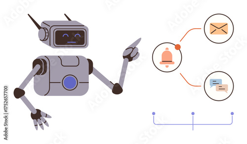 Humanoid robot pointing at notification icons linked by lines, including email, alerts, and chat. Ideal for automation, technology, AI, communication, workflow productivity simple flat metaphor