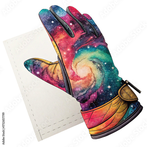 Colorful galaxy glove with cosmic nebula design, perfect for creative projects, unique gifts, and imaginative concepts, representing dreams and wonder