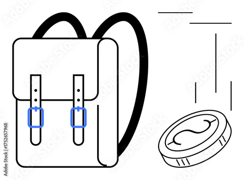 Backpack with straps and buckles next to a coin in motion. Ideal for travel, saving, finance, budgeting, lifestyle, organization, and minimalism themes. Simple flat metaphor