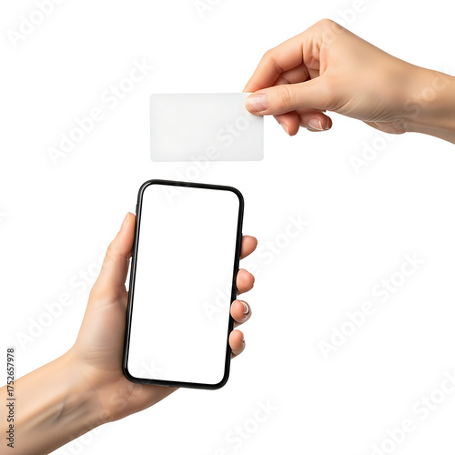 Hands hold smartphone and credit card for digital payment and mobile transaction. Isolated on transparent background, png