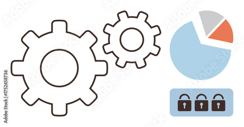 Interlocking gears, segmented pie chart, and locked padlocks symbolizing teamwork, data management, analytics, security, innovation, privacy and efficiency. Ideal for business technology