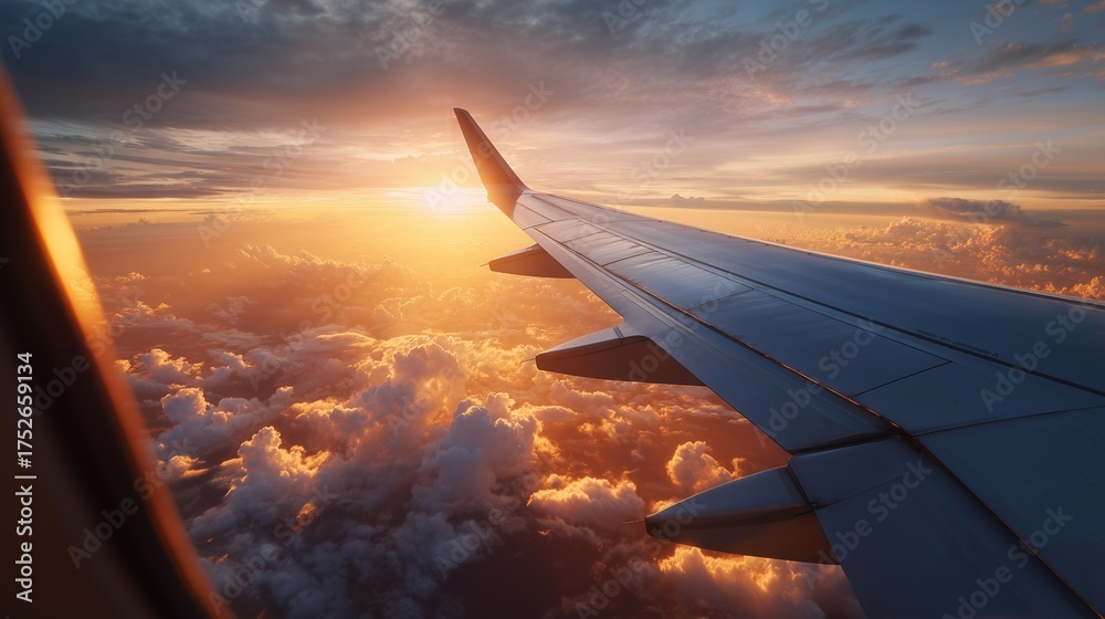 Fototapeta premium View of the airplane wing from the passenger window during sunrise. Golden light. Desire to travel.