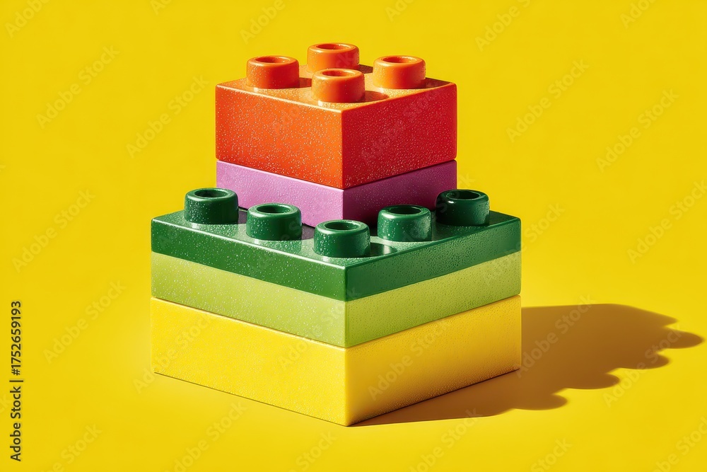 Obraz premium Colorful Lego Bricks Assembled in a Stack on a Yellow Background