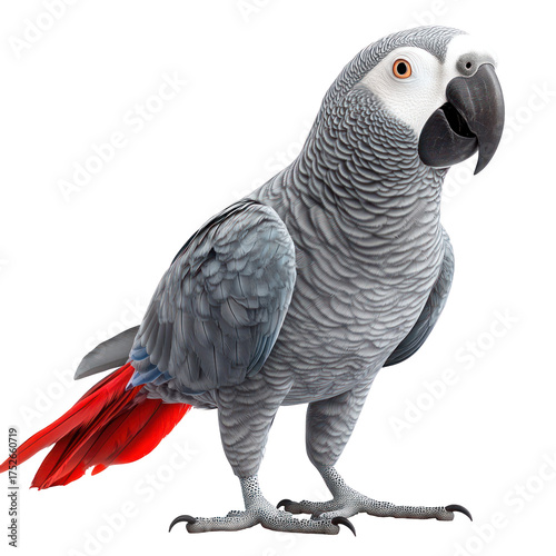 African Grey Parrot Bird full body view isolated on white or png transparent background