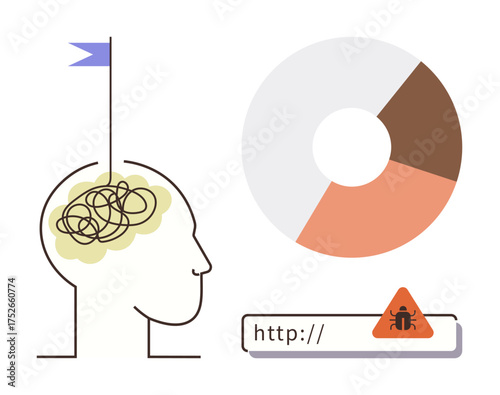 Human head with tangled thoughts, a flagged idea, pie chart for data, and URL warning symbol with alert sign. Ideal for problem-solving, analysis, decision-making, internet risks, cybersecurity