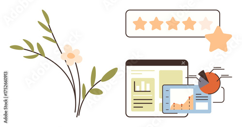 Graphs, charts, and star rating symbolize customer feedback and performance review. Delicate floral design adds natural aesthetics. Ideal for analysis, review, rating, data, evaluation feedback
